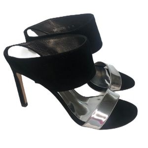 Stuart Weitzman Myslide black suede sandals silver